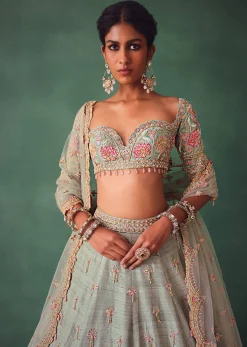 Sage Green Kali Lehenga With Embroidered Blouse And Dupatta
