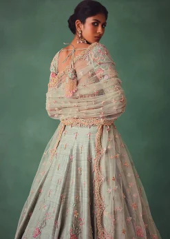 Sage Green Kali Lehenga With Embroidered Blouse And Dupatta