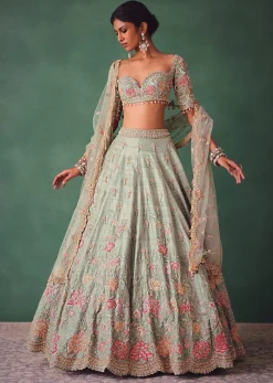 Sage Green Kali Lehenga With Embroidered Blouse And Dupatta