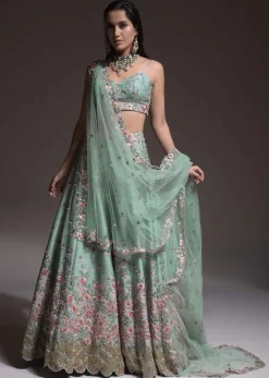 Sage Green Lehenga Choli In Raw Silk With Vibrant Resham Embroidered Cluster Of Summer Blooms And Buttis