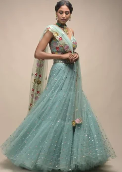 Sage Green Lehenga In Net With Flower Sequin Buttis And Resham Embroidered Crop Top