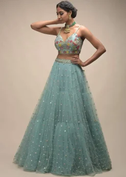 Sage Green Lehenga In Net With Flower Sequin Buttis And Resham Embroidered Crop Top