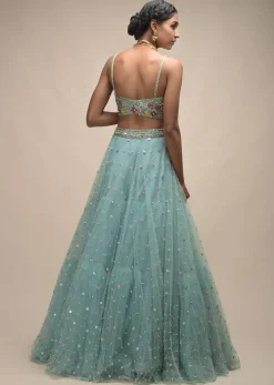 Sage Green Lehenga In Net With Flower Sequin Buttis And Resham Embroidered Crop Top
