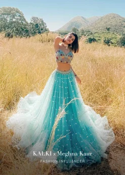 Sage Green Lehenga In Net With Flower Sequin Buttis And Resham Embroidered Crop Top