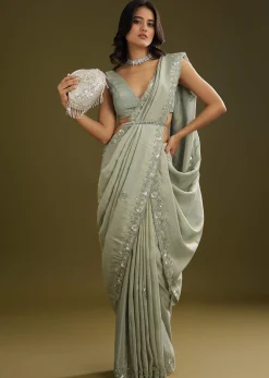 Sage Green Tissue Floral Embroidered Saree With Cutdana And Sequin Work