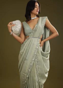 Sage Green Tissue Floral Embroidered Saree With Cutdana And Sequin Work