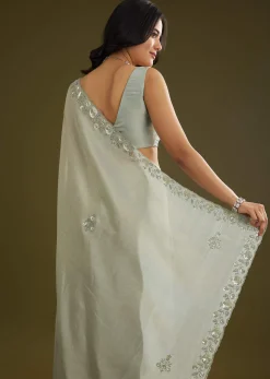 Sage Green Tissue Floral Embroidered Saree With Cutdana And Sequin Work