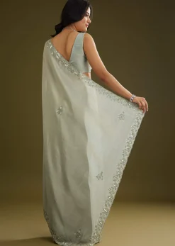 Sage Green Tissue Floral Embroidered Saree With Cutdana And Sequin Work