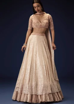 Salmon Peach Hand Embroidered Double Layer Sequence Lehenga With Frill