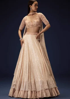 Salmon Peach Hand Embroidered Double Layer Sequence Lehenga With Frill