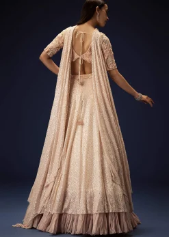 Salmon Peach Hand Embroidered Double Layer Sequence Lehenga With Frill