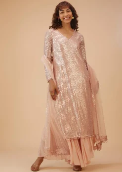 Salmon Pink Palazzo Suit In Sequins