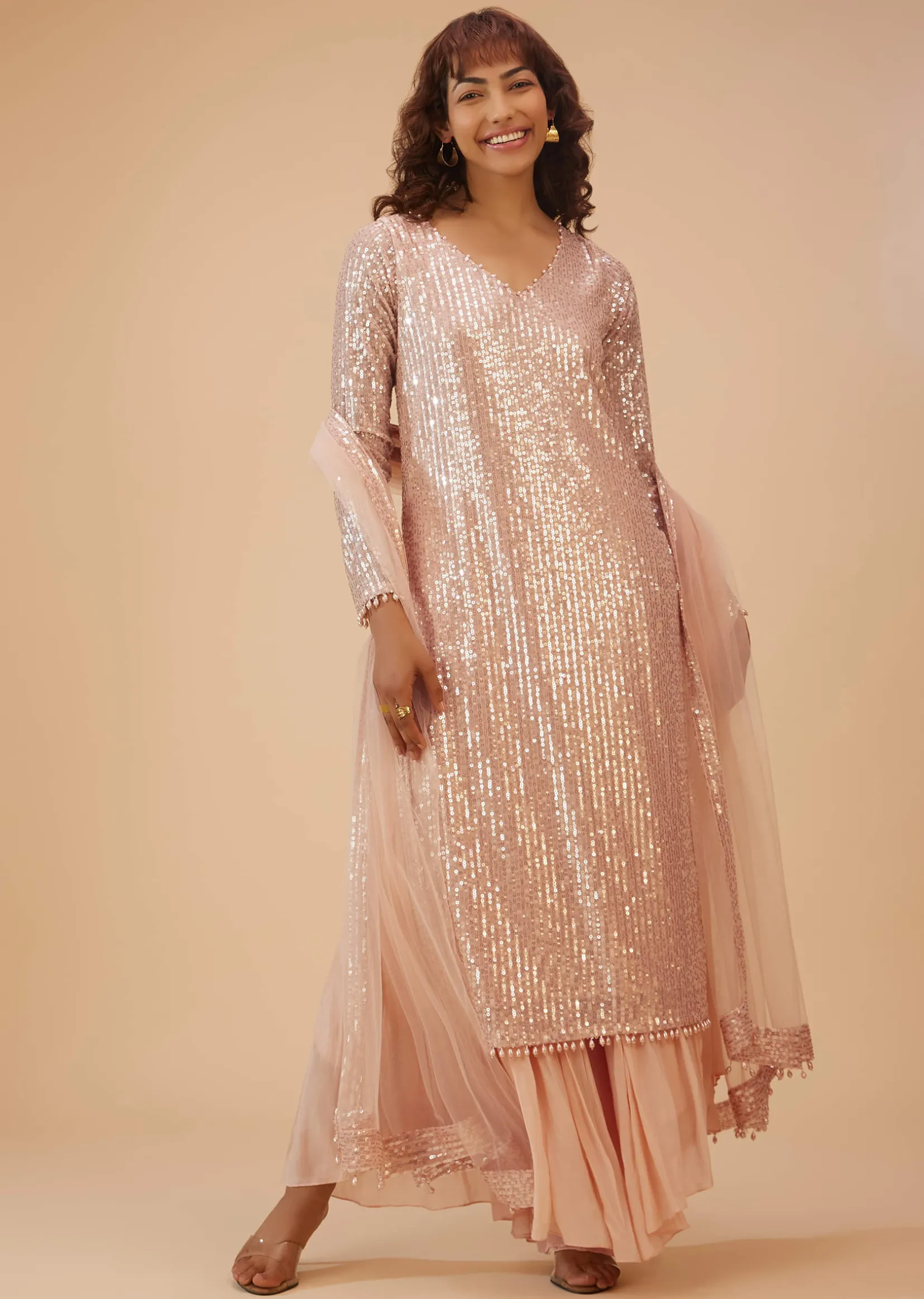 Salmon Pink Palazzo Suit In Sequins