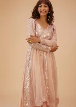 Salmon Pink Palazzo Suit In Sequins