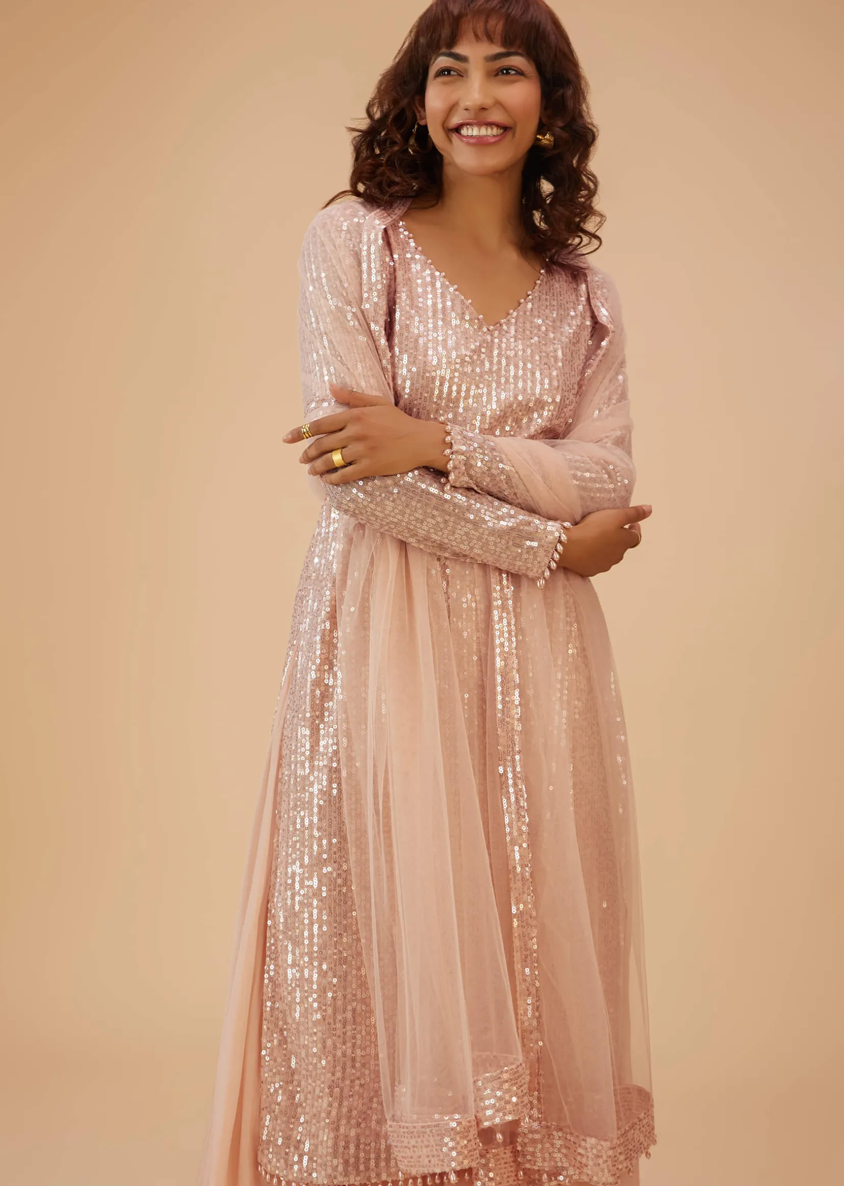 Salmon Pink Palazzo Suit In Sequins