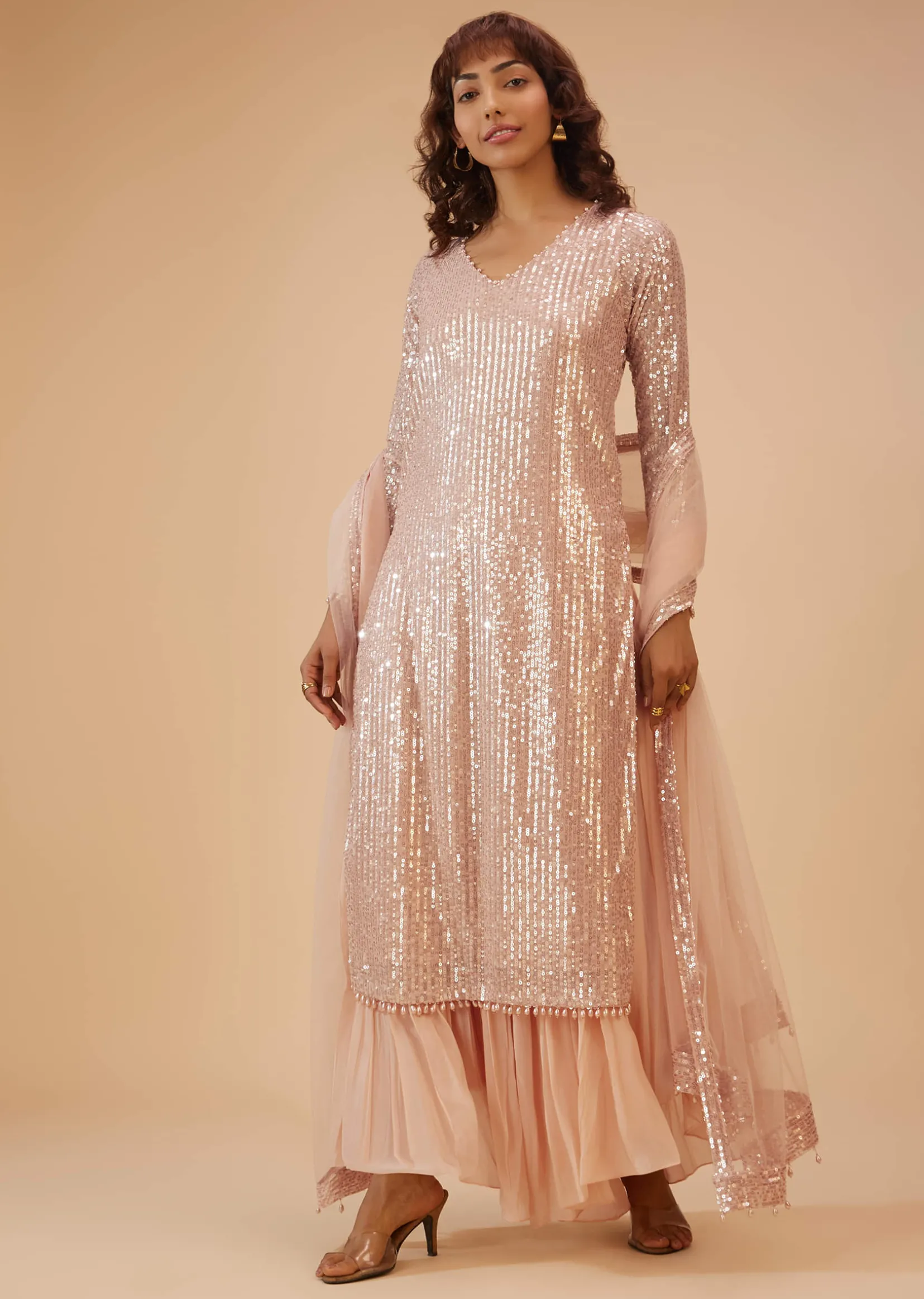 Salmon Pink Palazzo Suit In Sequins