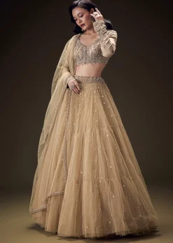 Sand Beige Net Hand Embroidered Pearl Work Lehenga Set