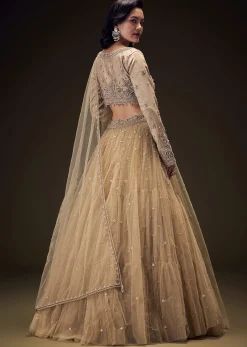 Sand Beige Net Hand Embroidered Pearl Work Lehenga Set