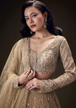 Sand Beige Net Hand Embroidered Pearl Work Lehenga Set