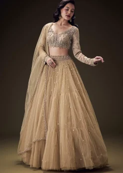Sand Beige Net Hand Embroidered Pearl Work Lehenga Set
