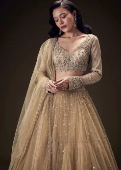 Sand Beige Net Hand Embroidered Pearl Work Lehenga Set
