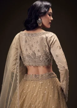 Sand Beige Net Hand Embroidered Pearl Work Lehenga Set