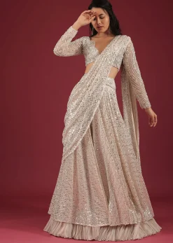 Sandshell Cream Palazzo Saree In Sequins Embroidery