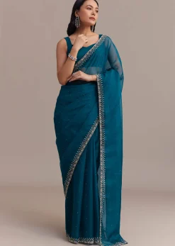 Sapphire Blue Organza Saree With Sequins And Cutdana Embellished Border