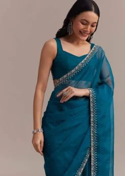 Sapphire Blue Organza Saree With Sequins And Cutdana Embellished Border