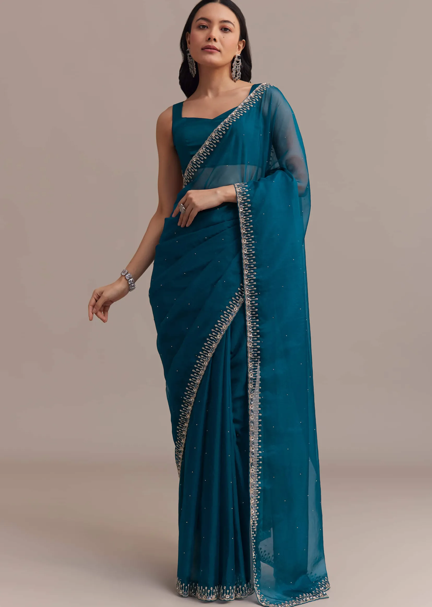 Sapphire Blue Organza Saree With Sequins And Cutdana Embellished Border