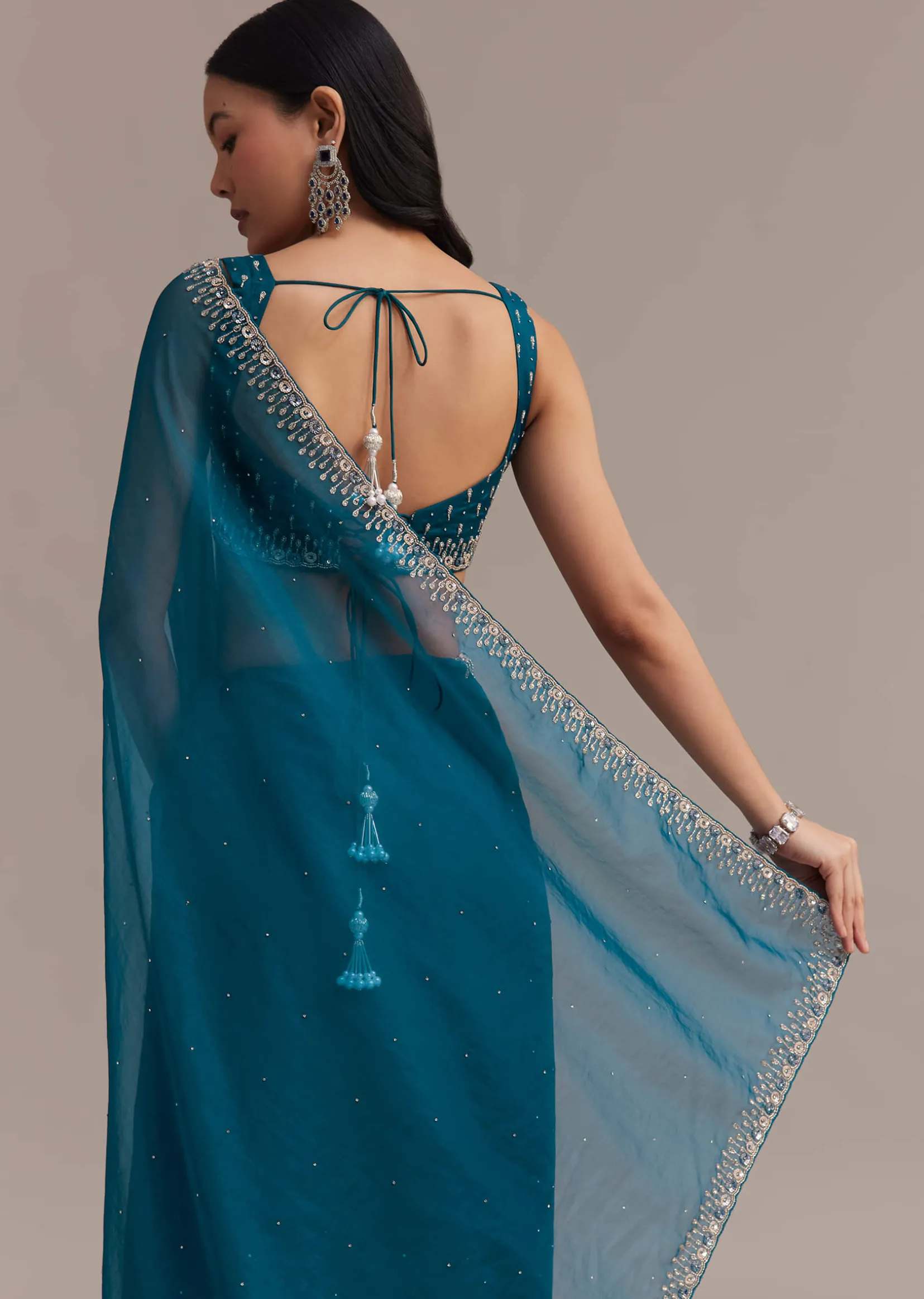 Sapphire Blue Organza Saree With Sequins And Cutdana Embellished Border