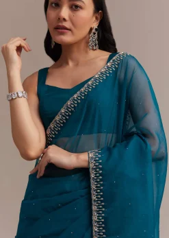 Sapphire Blue Organza Saree With Sequins And Cutdana Embellished Border