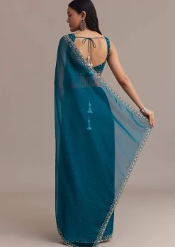Sapphire Blue Organza Saree With Sequins And Cutdana Embellished Border