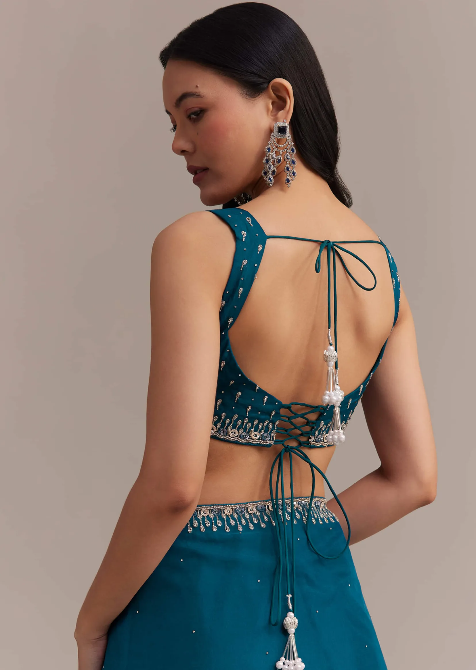 Sapphire Blue Organza Saree With Sequins And Cutdana Embellished Border
