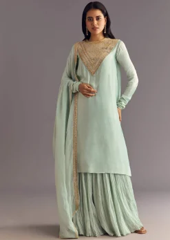 Satin Asymmetrical Kurta Set With Moti And Sequins Dupatta