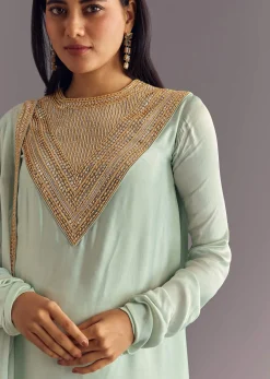 Satin Asymmetrical Kurta Set With Moti And Sequins Dupatta