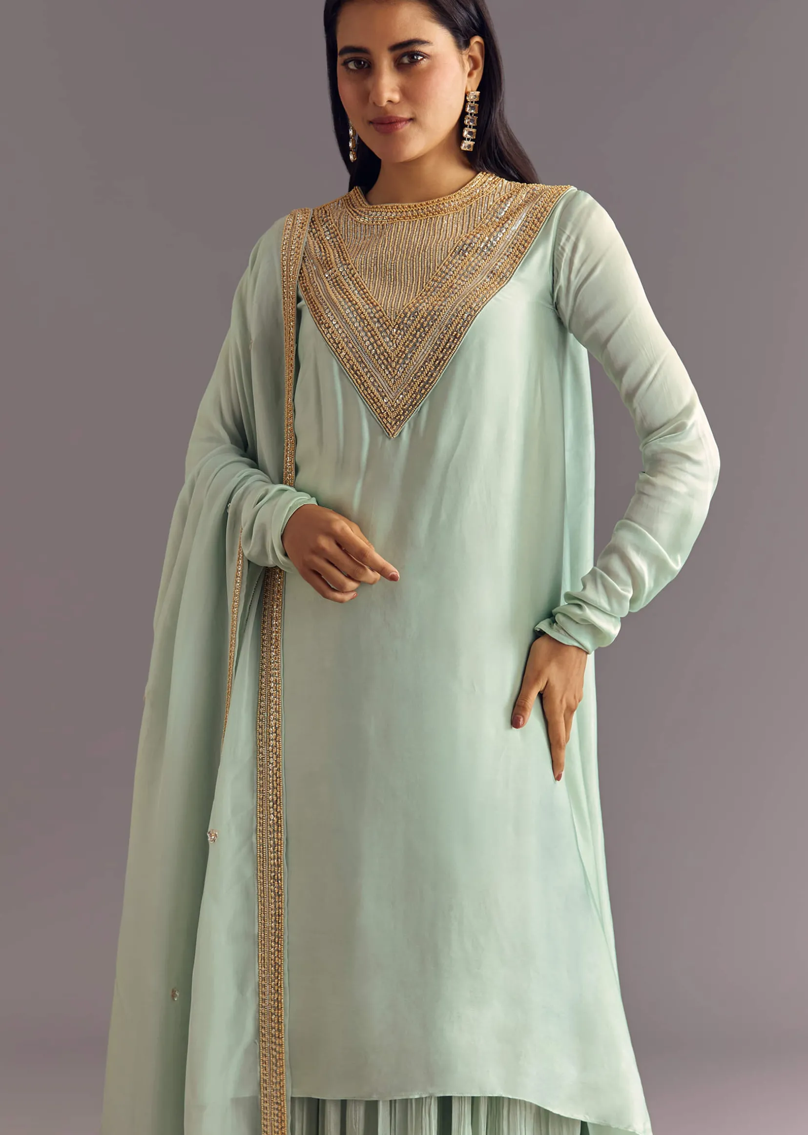 Satin Asymmetrical Kurta Set With Moti And Sequins Dupatta
