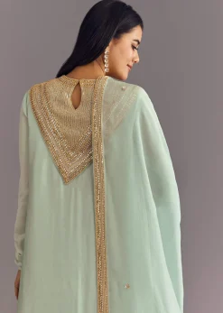 Satin Asymmetrical Kurta Set With Moti And Sequins Dupatta