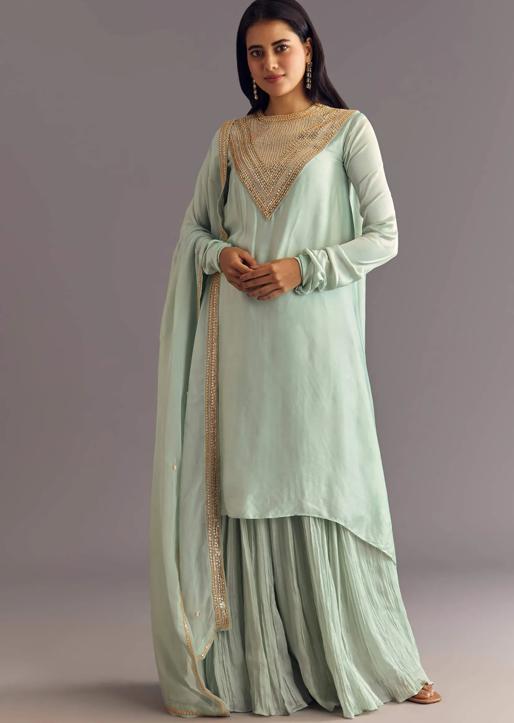 Satin Asymmetrical Kurta Set With Moti And Sequins Dupatta