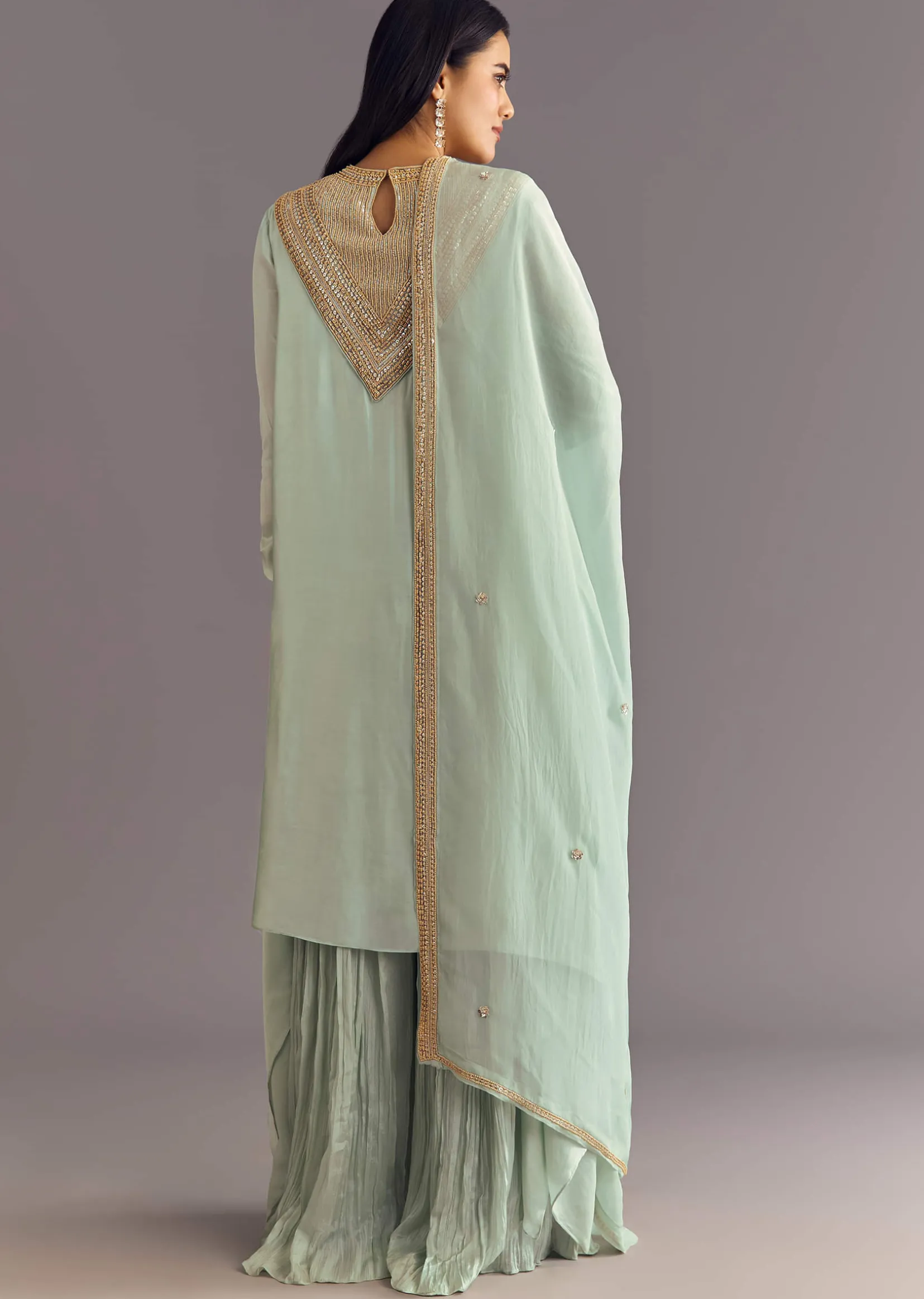 Satin Asymmetrical Kurta Set With Moti And Sequins Dupatta
