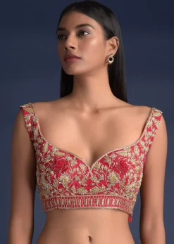 Scarlet Red Blouse In Raw Silk With Floral Jaal Embroidery