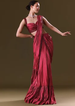 Scarlet Red Fancy Organza Pre Stitched Saree With Pre Pleated Blouse
