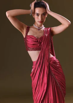 Scarlet Red Fancy Organza Pre Stitched Saree With Pre Pleated Blouse