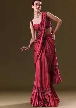 Scarlet Red Fancy Organza Pre Stitched Saree With Pre Pleated Blouse