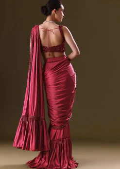 Scarlet Red Fancy Organza Pre Stitched Saree With Pre Pleated Blouse