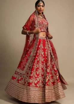Scarlet Red Lehenga Choli In Raw Silk With Zari Embroidered Feminine Floral Kalis