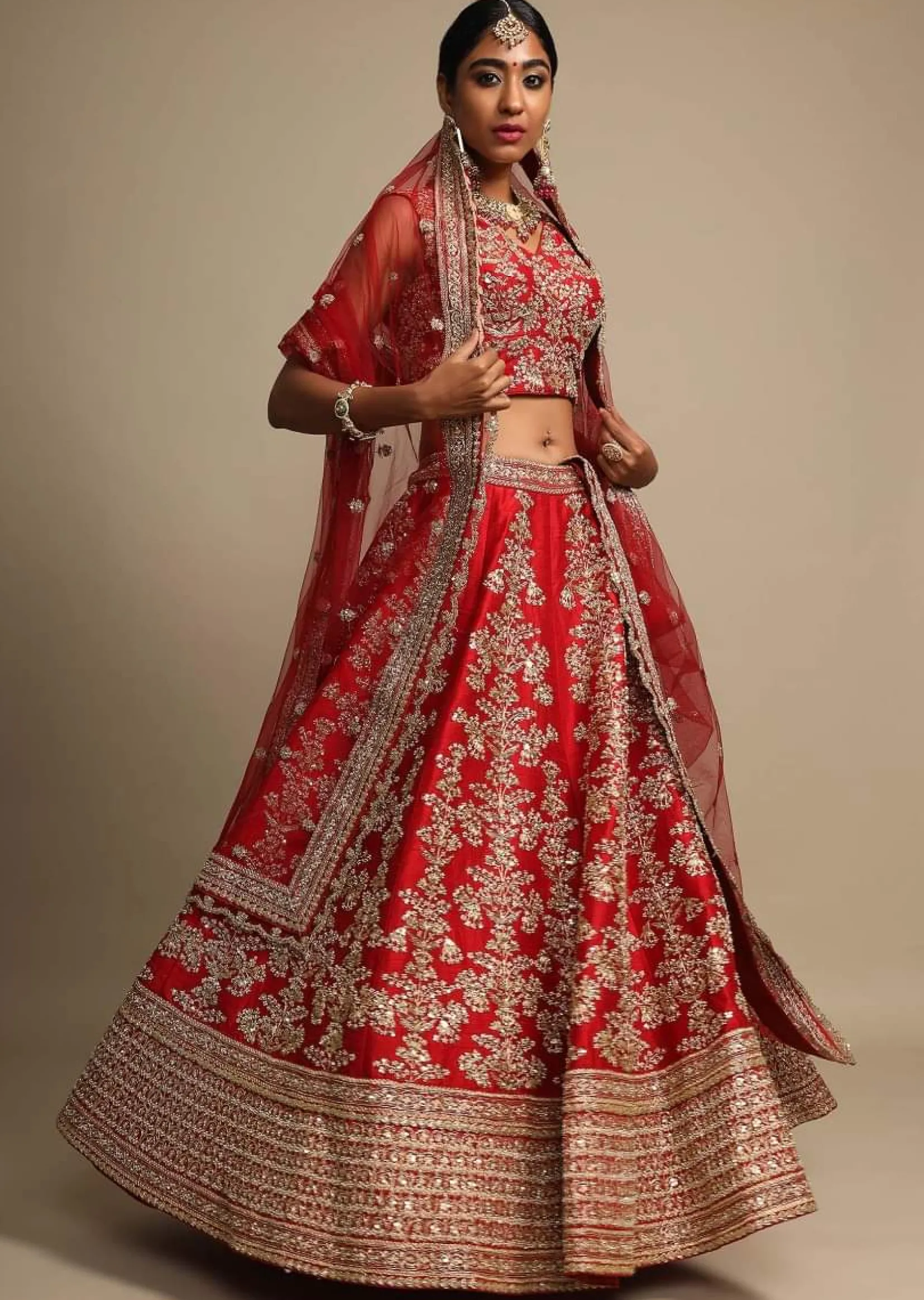 Scarlet Red Lehenga Choli In Raw Silk With Zari Embroidered Feminine Floral Kalis