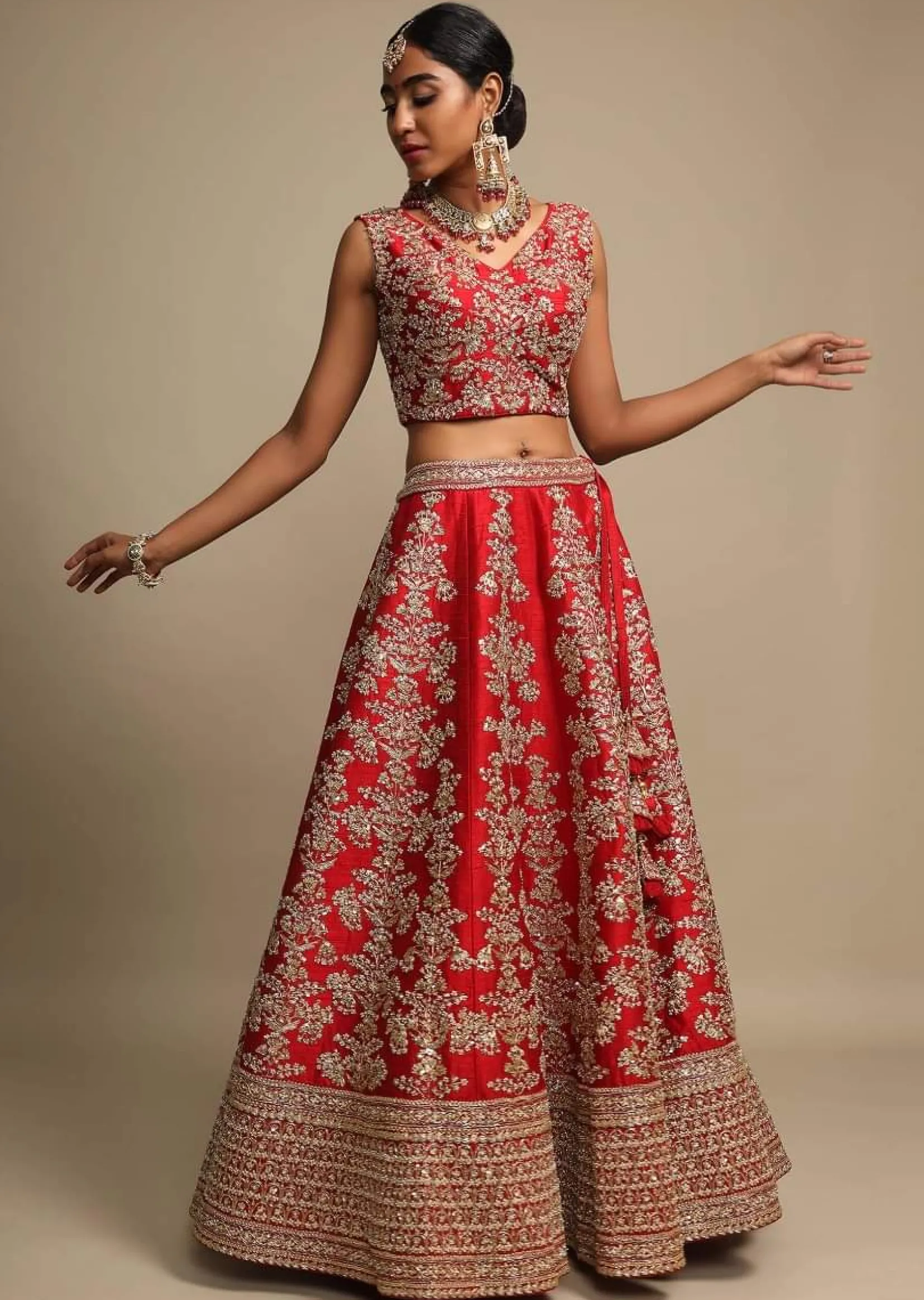 Scarlet Red Lehenga Choli In Raw Silk With Zari Embroidered Feminine Floral Kalis