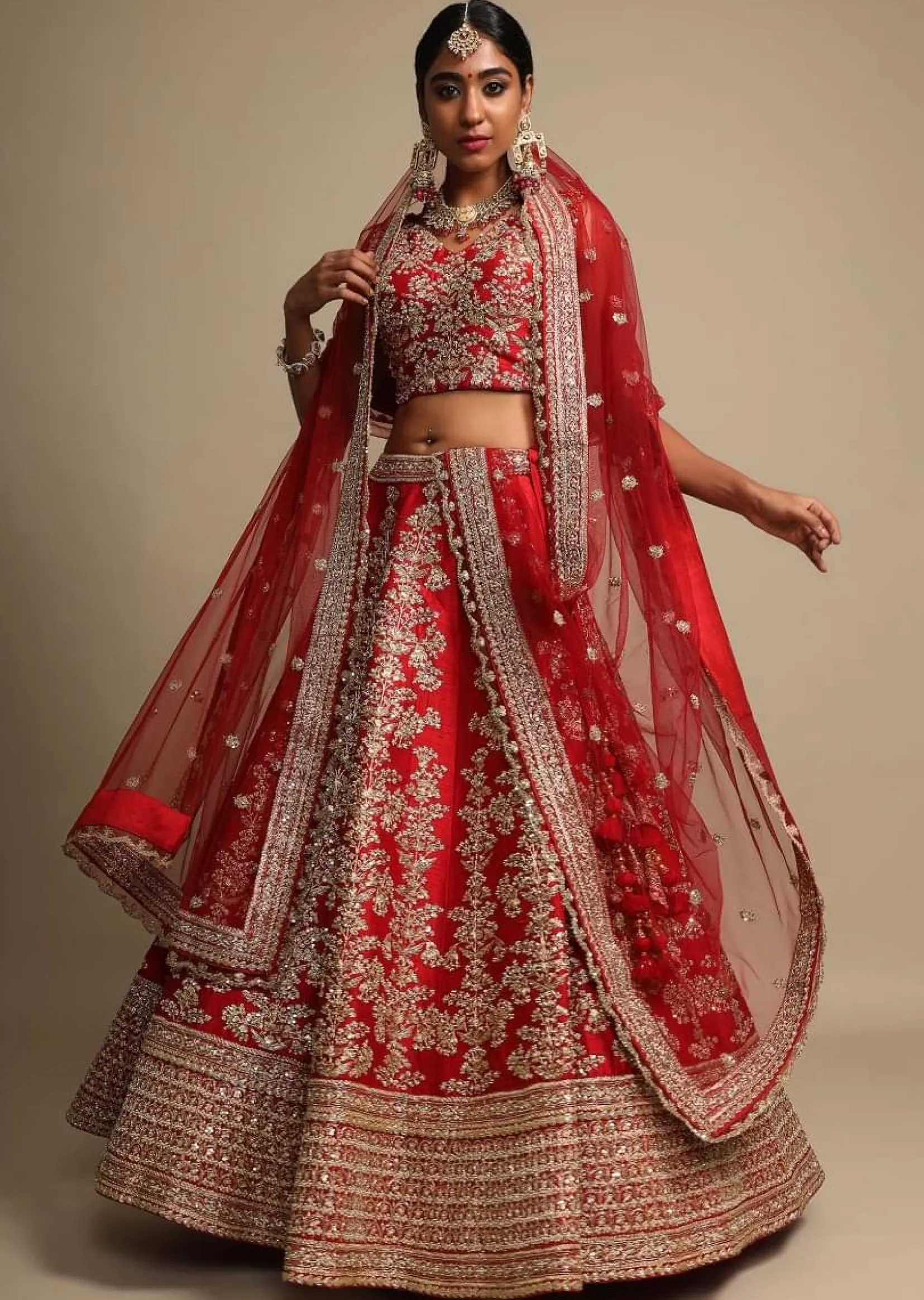 Scarlet Red Lehenga Choli In Raw Silk With Zari Embroidered Feminine Floral Kalis
