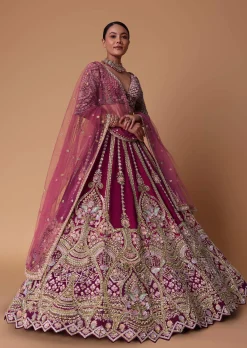 Scarlet Red Raw Silk 16 Kali Zardosi Lehenga With Koti Style Blouse Set